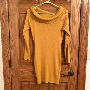 Mustard yellow off shoulder ribbed sweater dress